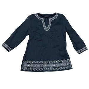 Carlies Court Women's M Black 100% Linen Embroidered Boho Tunic Top Side Zip